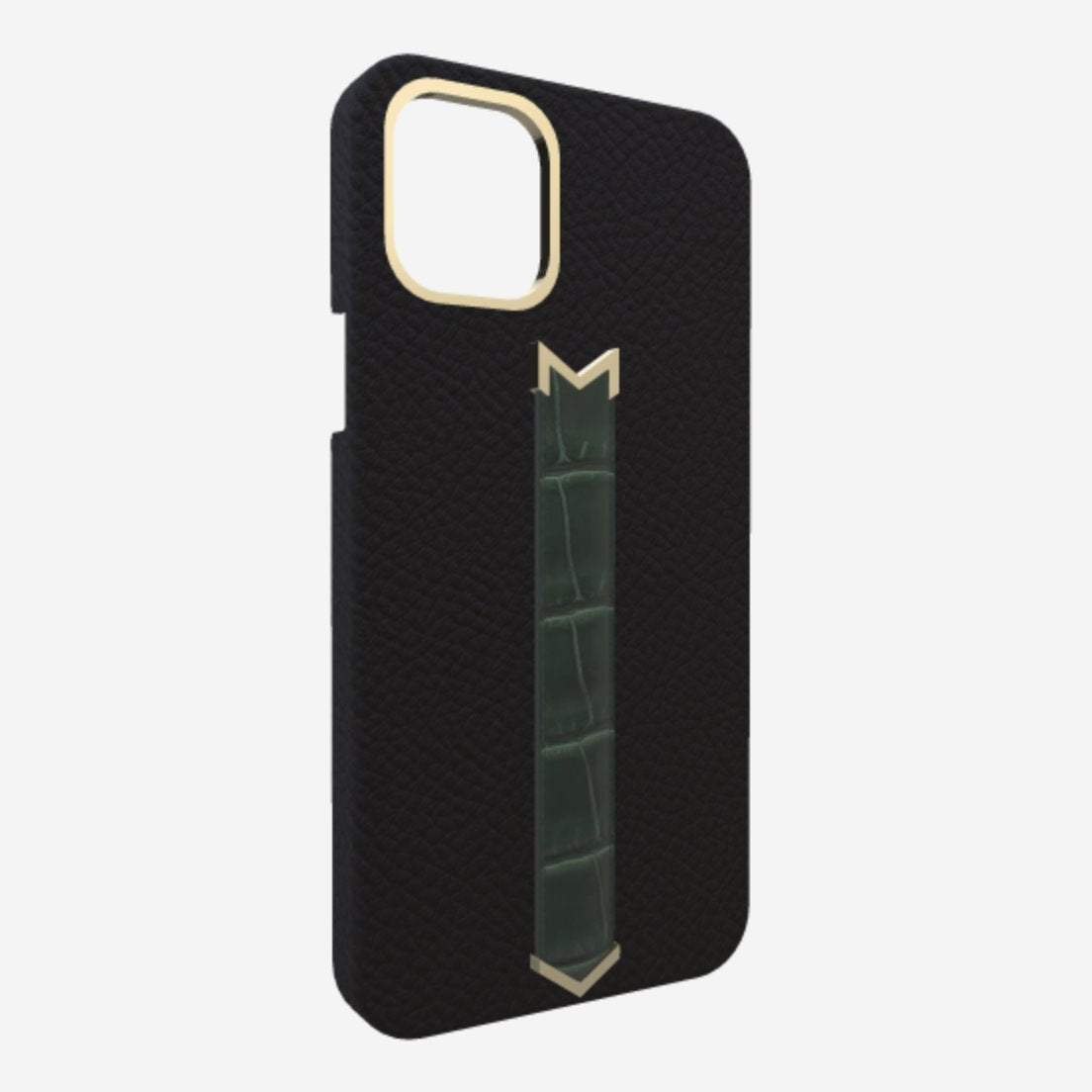 Gold Finger Strap Case for iPhone 13 in Genuine Calfskin and Alligator Bond Black Jungle Green 