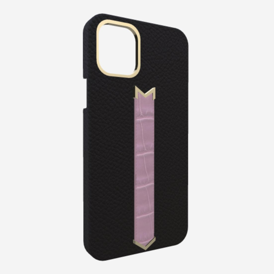 Gold Finger Strap Case for iPhone 13 in Genuine Calfskin and Alligator Bond Black Lavender Laugh 