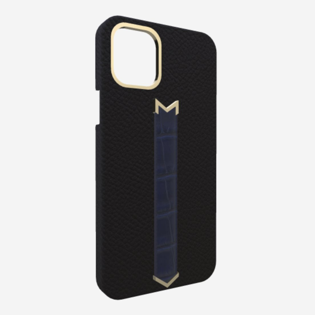 Gold Finger Strap Case for iPhone 13 in Genuine Calfskin and Alligator Bond Black Navy Blue 