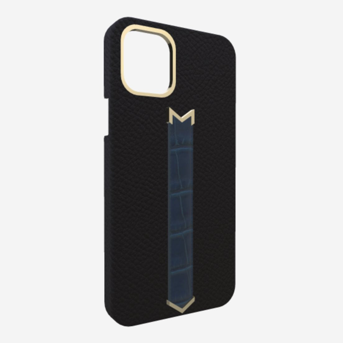 Gold Finger Strap Case for iPhone 13 in Genuine Calfskin and Alligator Bond Black Night Blue 