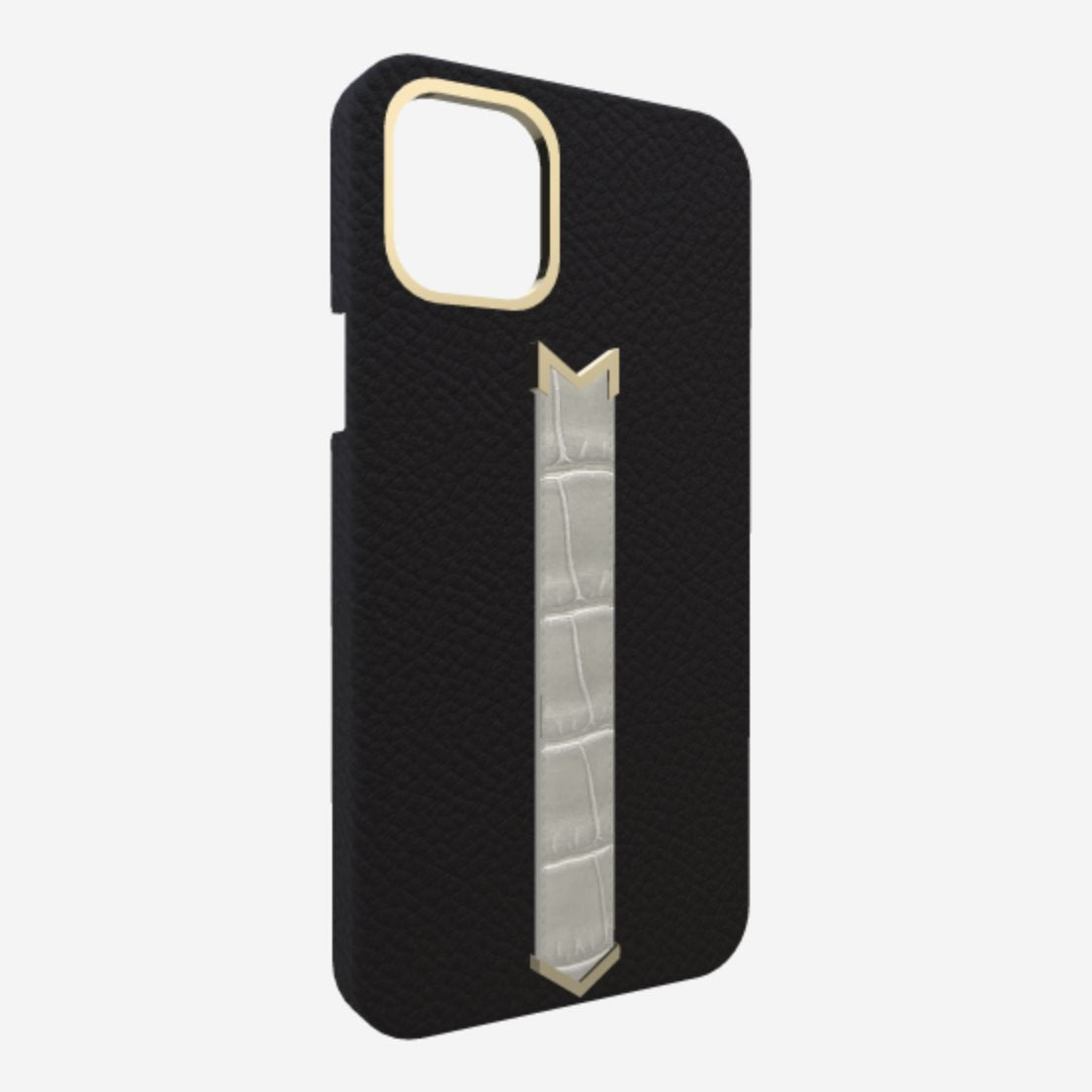 Gold Finger Strap Case for iPhone 13 in Genuine Calfskin and Alligator Bond Black Pearl Grey 