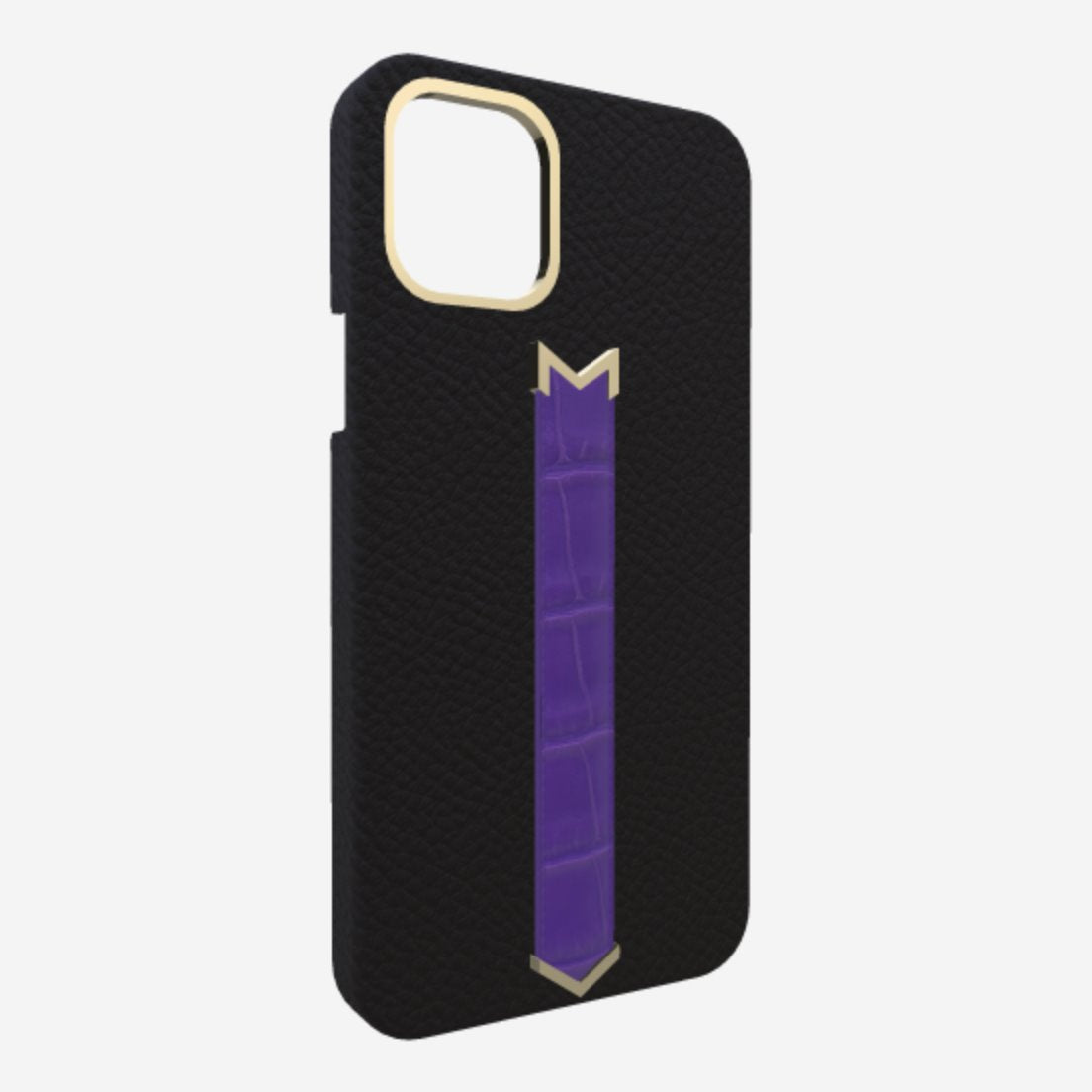 Gold Finger Strap Case for iPhone 13 in Genuine Calfskin and Alligator Bond Black Purple Rain 