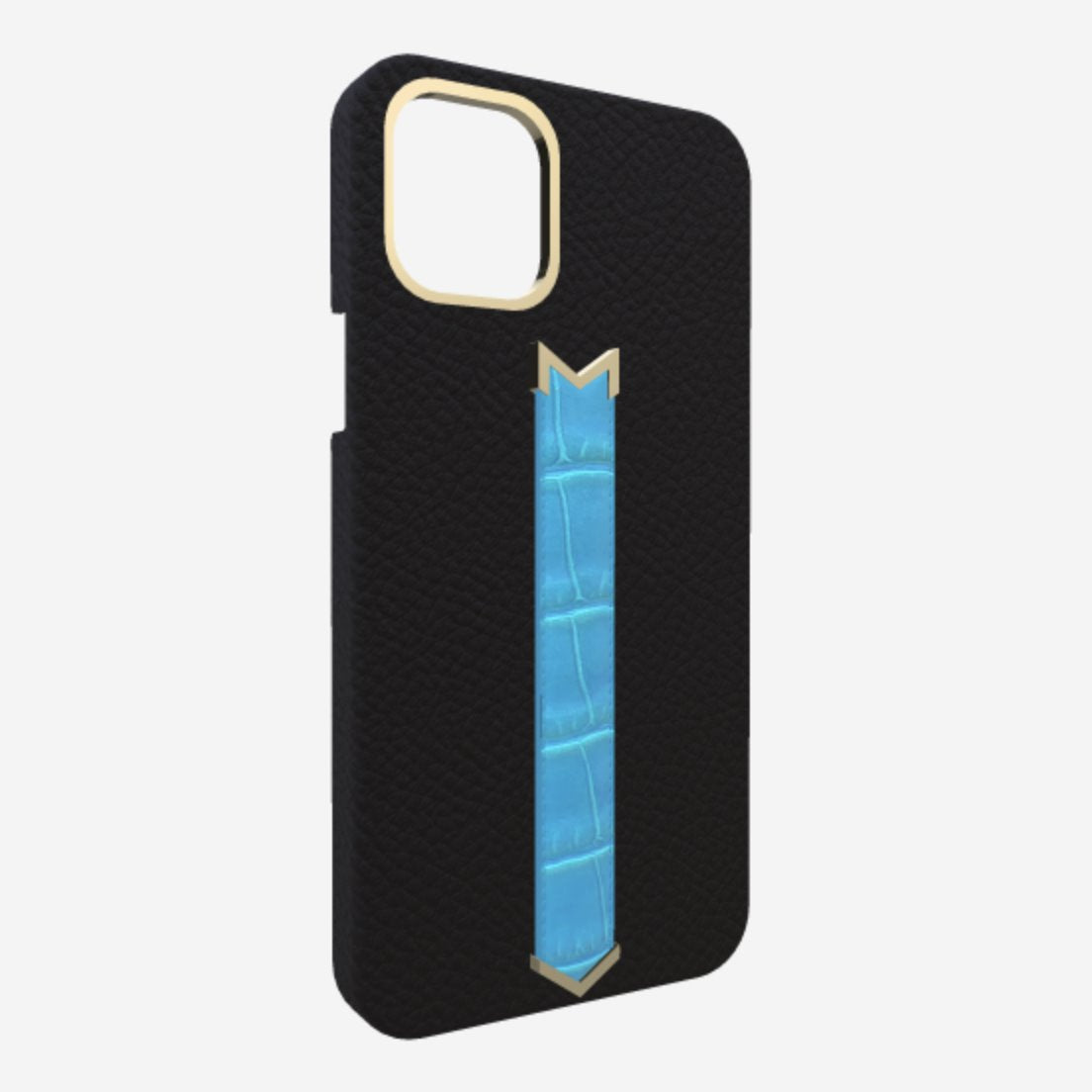 Gold Finger Strap Case for iPhone 13 in Genuine Calfskin and Alligator Bond Black Tropical Blue 