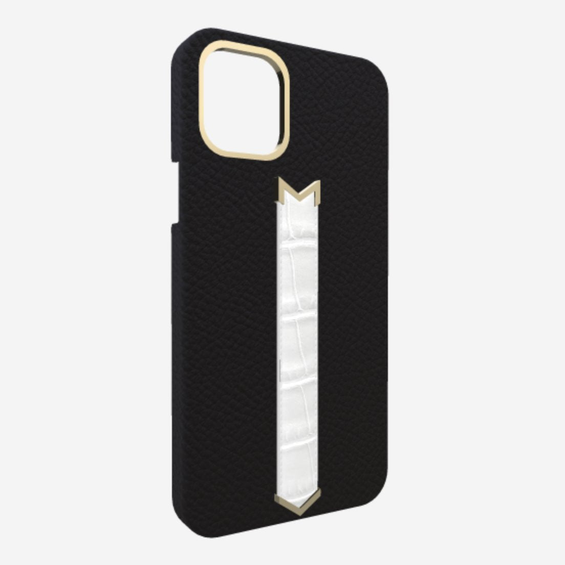 Gold Finger Strap Case for iPhone 13 in Genuine Calfskin and Alligator Bond Black White Angel 