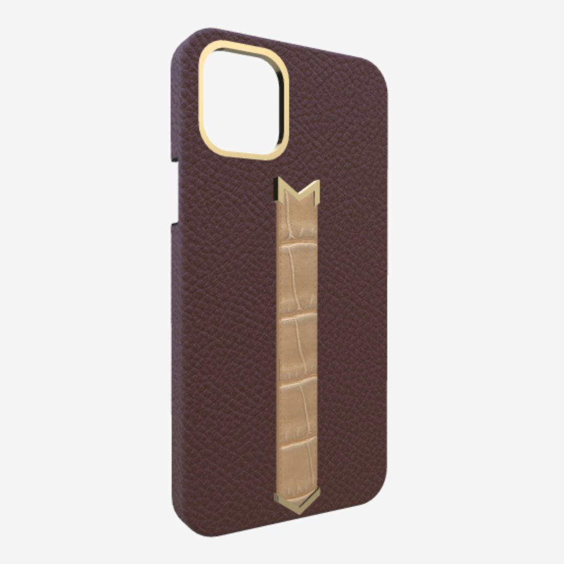 Gold Finger Strap Case for iPhone 13 in Genuine Calfskin and Alligator Borsalino Brown Beige Desert 