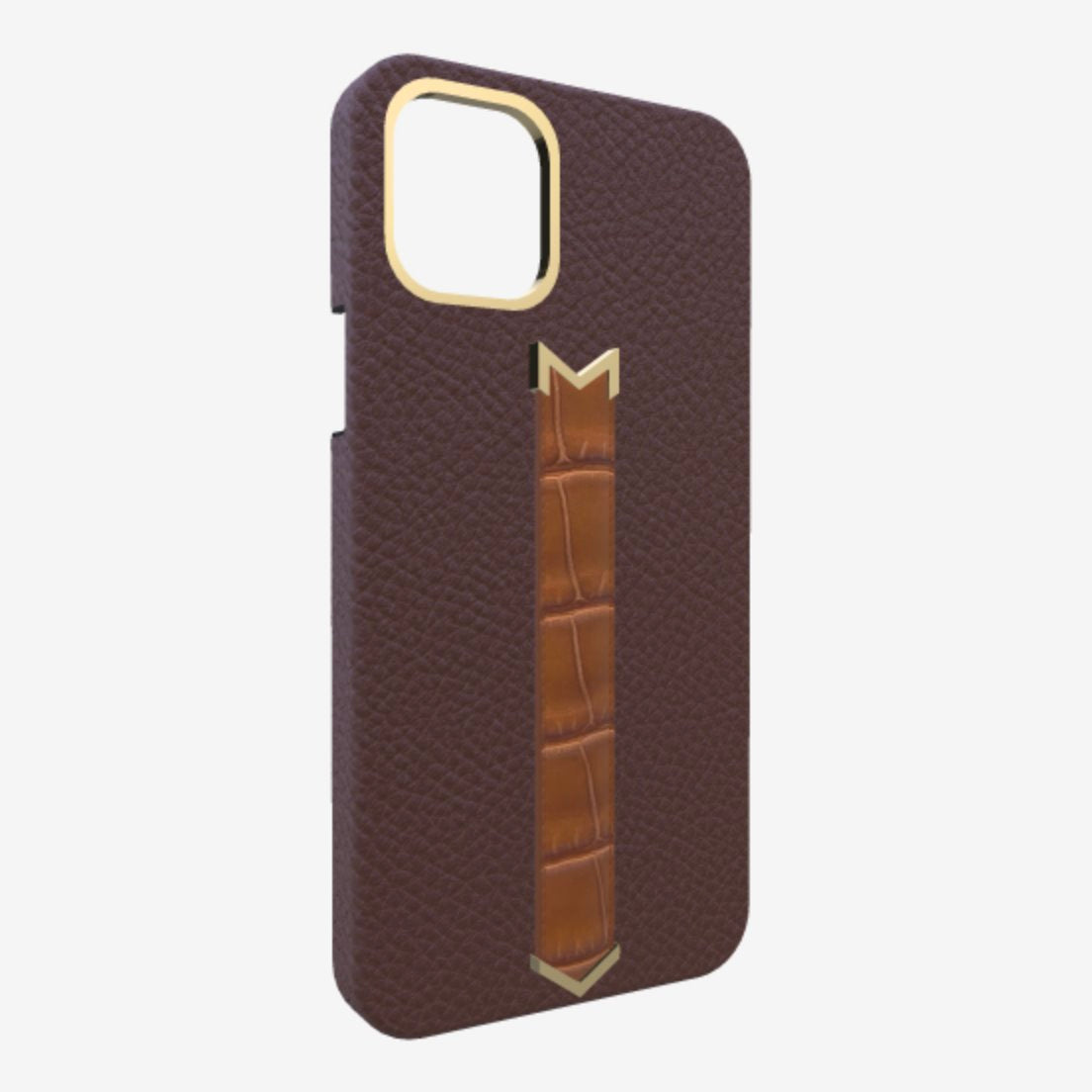 Gold Finger Strap Case for iPhone 13 in Genuine Calfskin and Alligator Borsalino Brown Belmondo Brown 