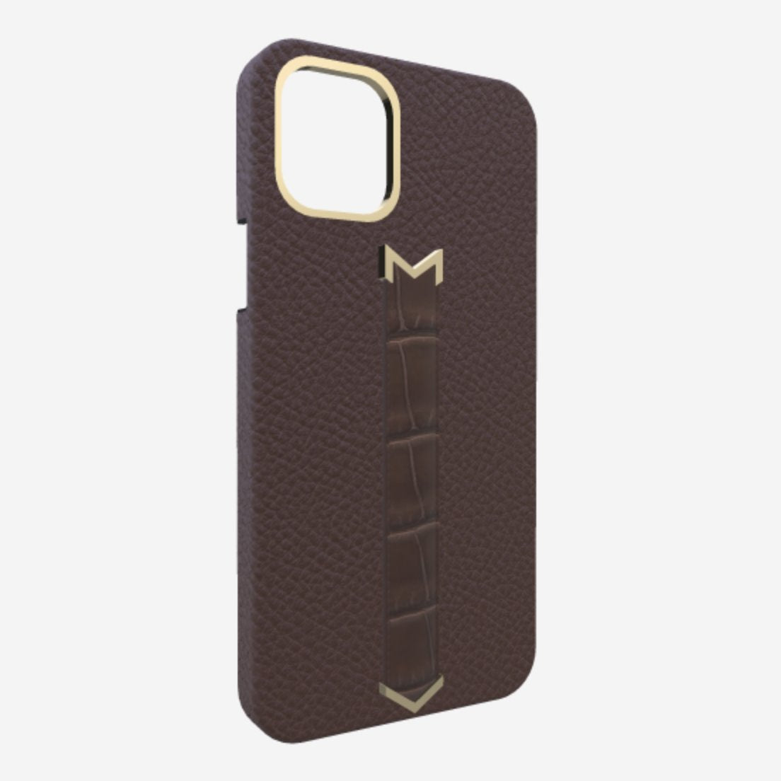 Gold Finger Strap Case for iPhone 13 in Genuine Calfskin and Alligator Borsalino Brown Borsalino Brown 