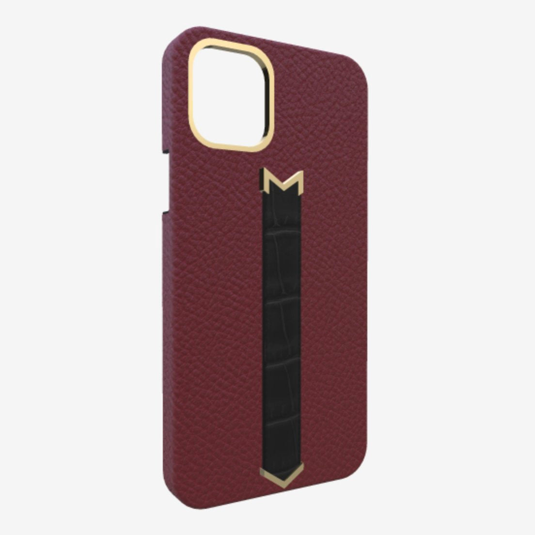 Gold Finger Strap Case for iPhone 13 in Genuine Calfskin and Alligator Burgundy Palace Bond Black 