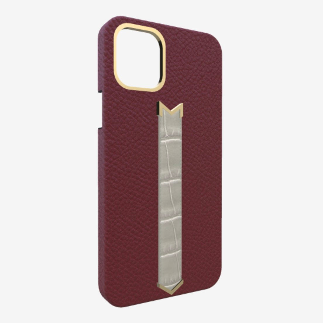 Gold Finger Strap Case for iPhone 13 in Genuine Calfskin and Alligator Burgundy Palace Pearl Grey 