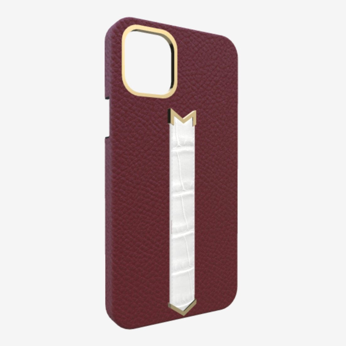 Gold Finger Strap Case for iPhone 13 in Genuine Calfskin and Alligator Burgundy Palace White Angel 