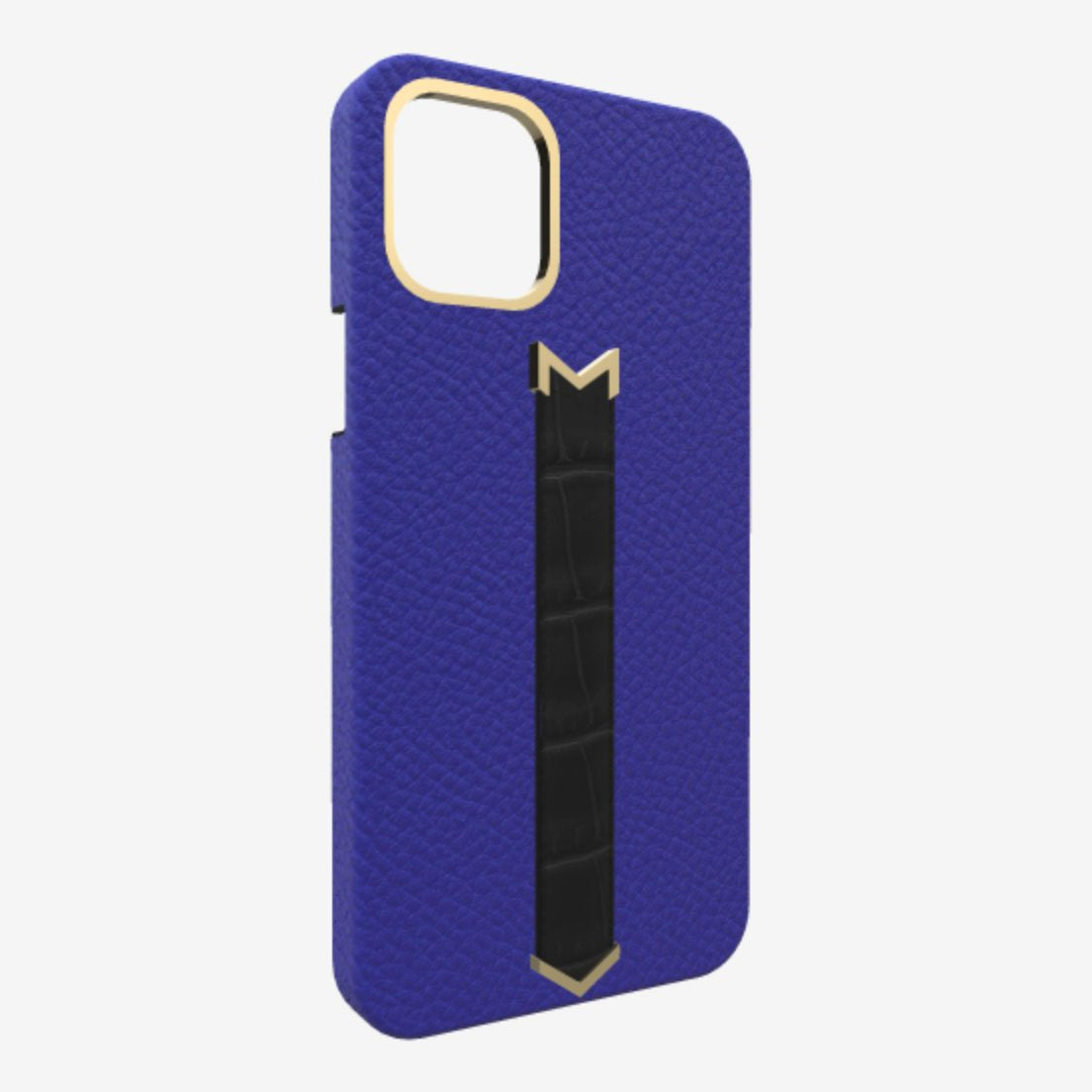 Gold Finger Strap Case for iPhone 13 in Genuine Calfskin and Alligator Electric Blue Bond Black 