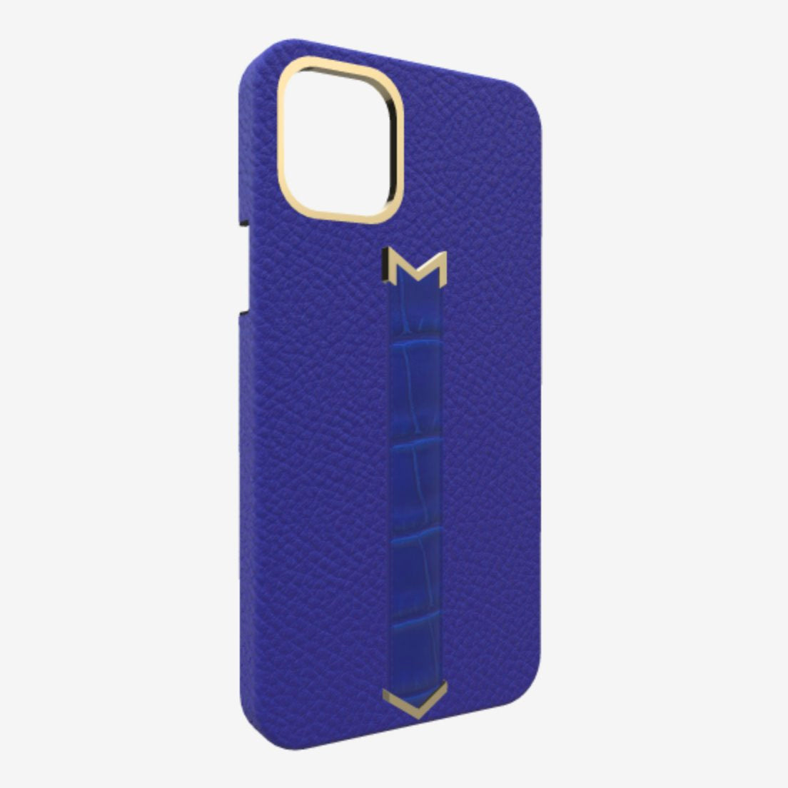 Gold Finger Strap Case for iPhone 13 in Genuine Calfskin and Alligator Electric Blue Electric Blue 