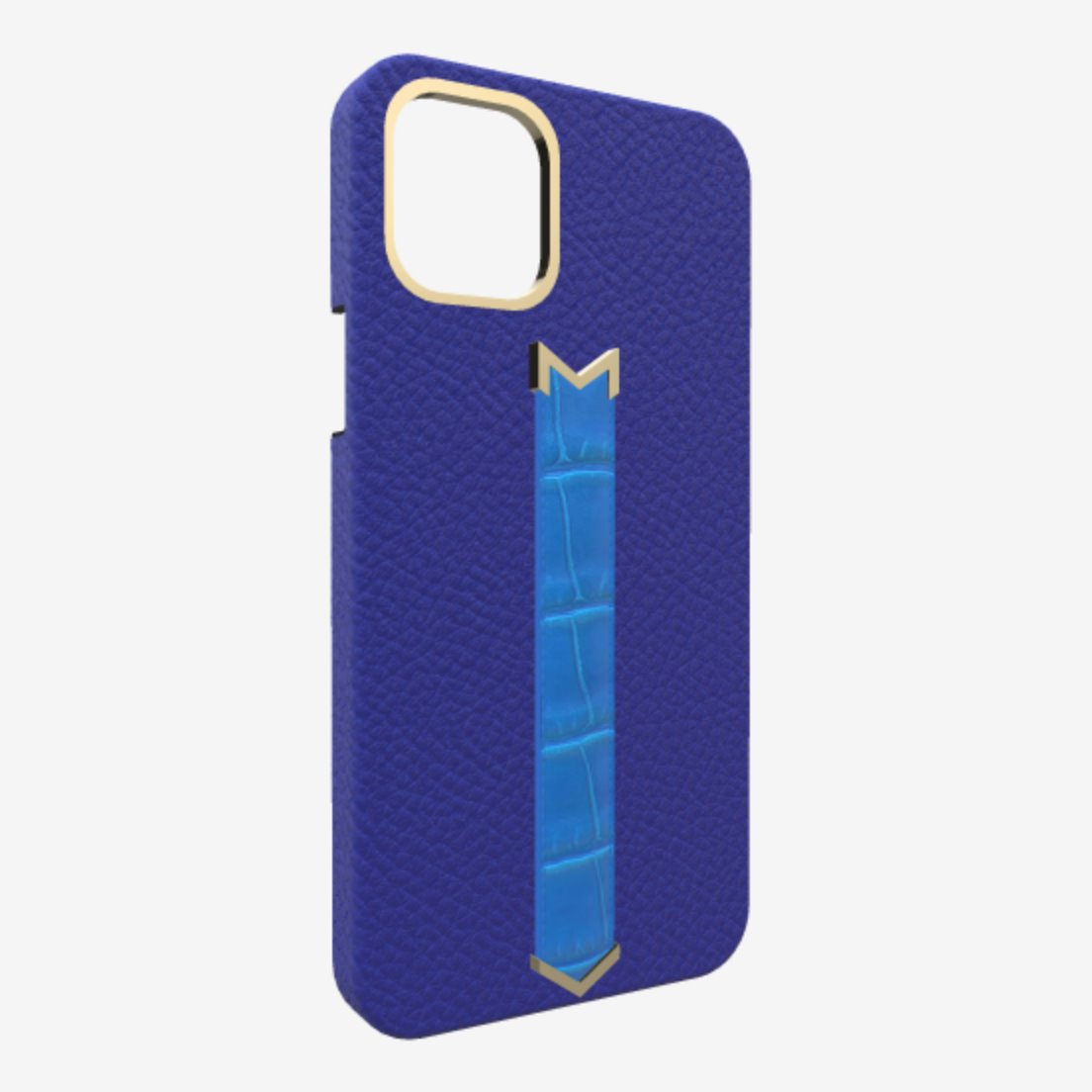Gold Finger Strap Case for iPhone 13 in Genuine Calfskin and Alligator Electric Blue Royal Blue 