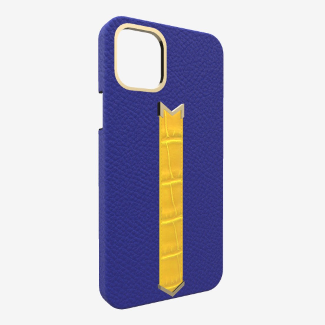 Gold Finger Strap Case for iPhone 13 in Genuine Calfskin and Alligator Electric Blue Summer Yellow 