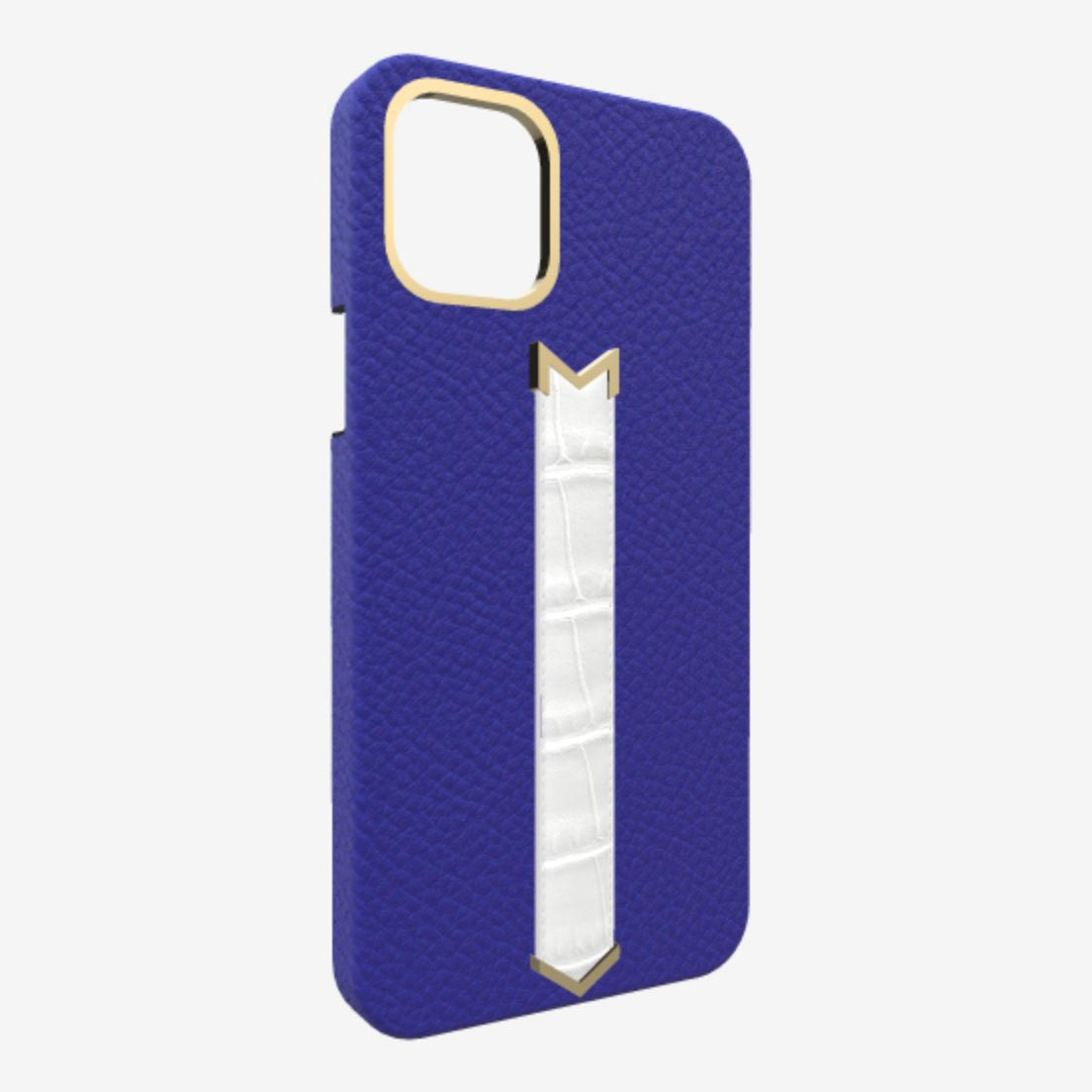 Gold Finger Strap Case for iPhone 13 in Genuine Calfskin and Alligator Electric Blue White Angel 