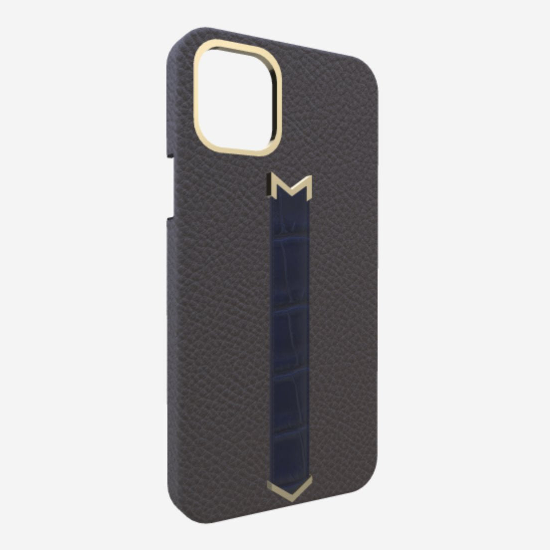 Gold Finger Strap Case for iPhone 13 in Genuine Calfskin and Alligator Elite Grey Navy Blue 
