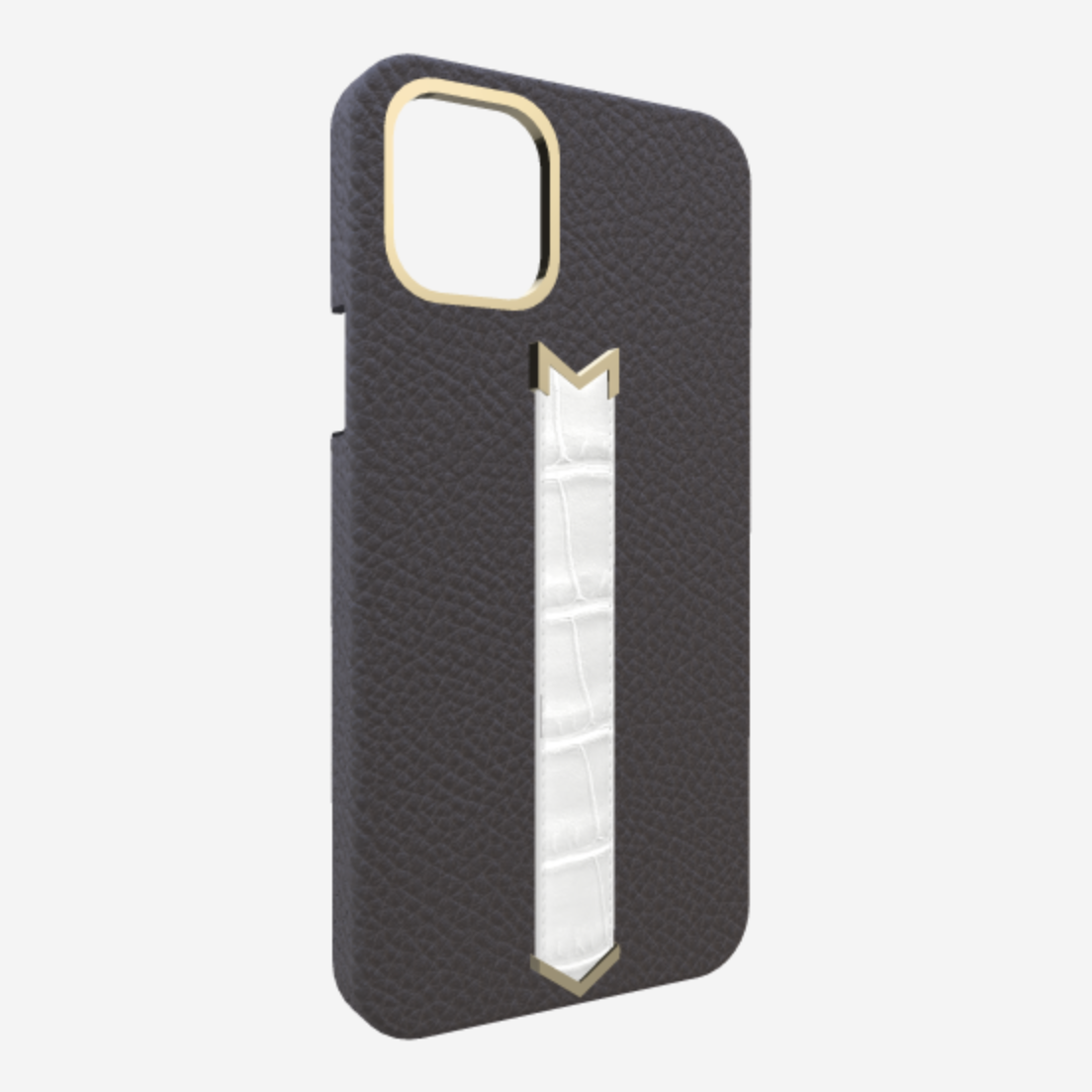 Gold Finger Strap Case for iPhone 13 in Genuine Calfskin and Alligator Elite Grey White Angel 