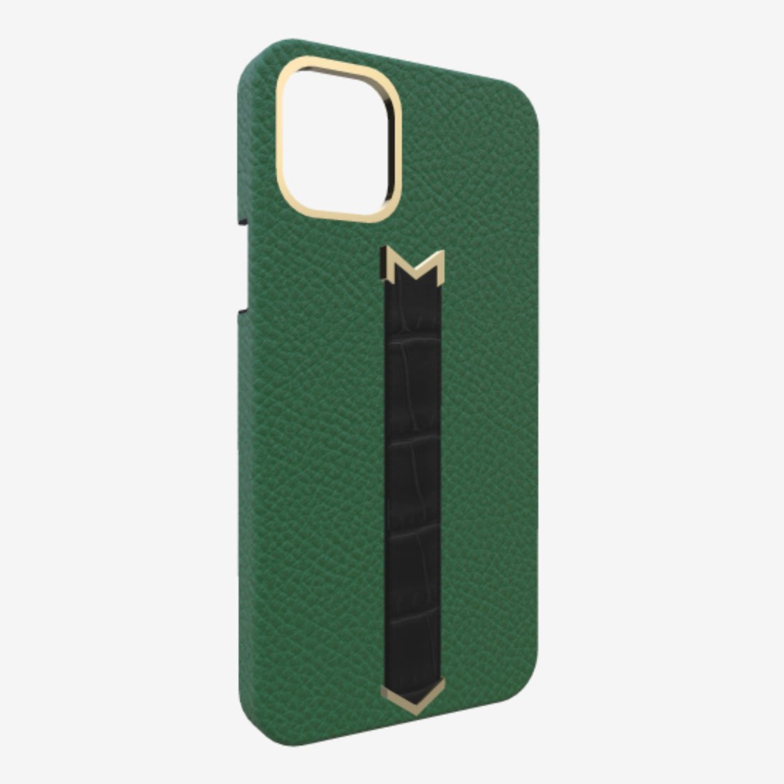 Gold Finger Strap Case for iPhone 13 in Genuine Calfskin and Alligator Emerald Green Bond Black 