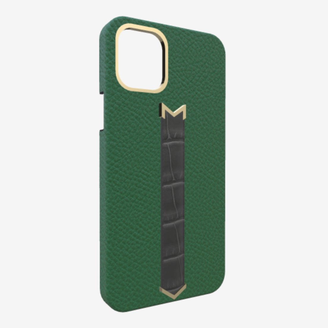 Gold Finger Strap Case for iPhone 13 in Genuine Calfskin and Alligator Emerald Green Elite Grey 