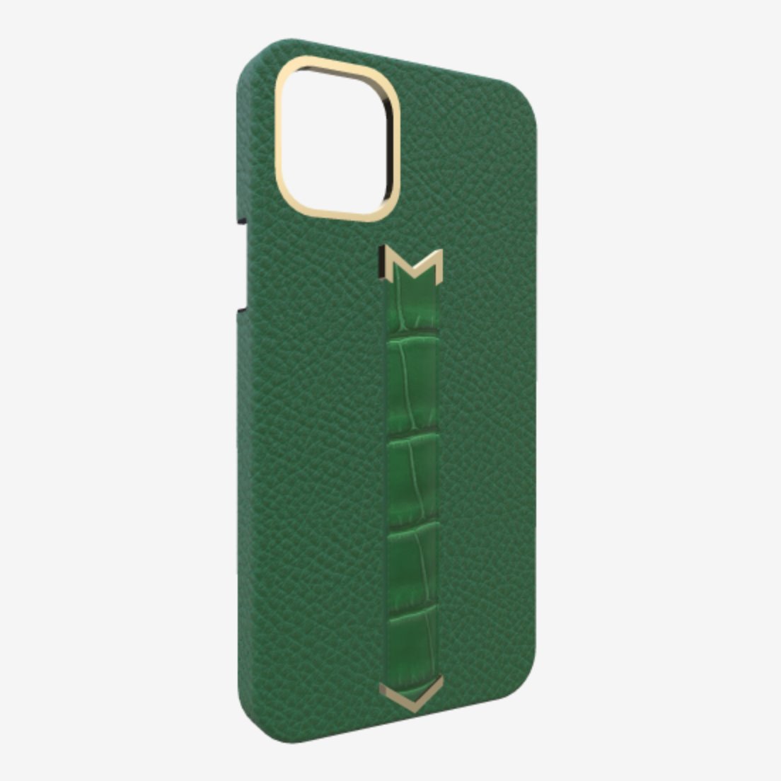 Gold Finger Strap Case for iPhone 13 in Genuine Calfskin and Alligator Emerald Green Emerald Green 