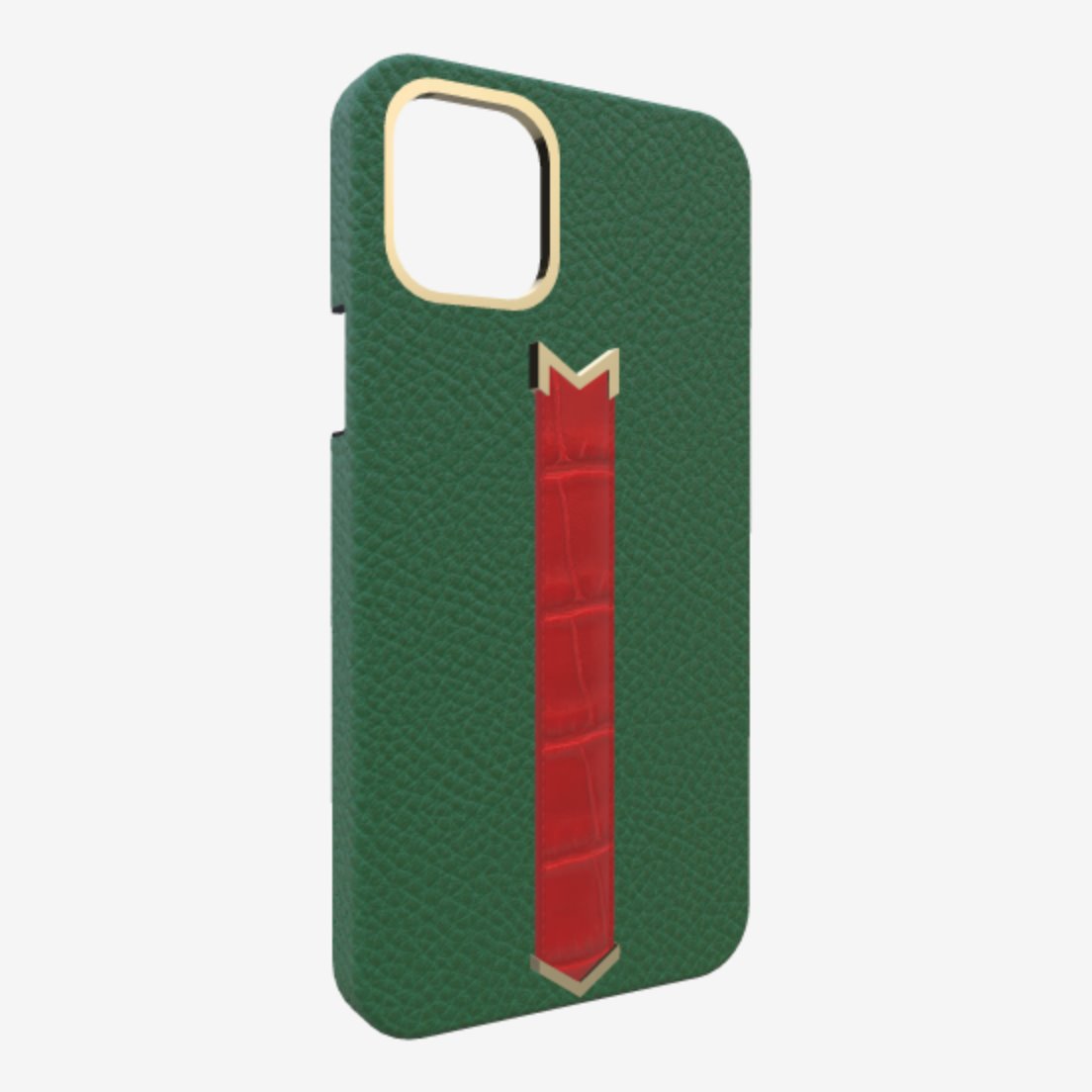 Gold Finger Strap Case for iPhone 13 in Genuine Calfskin and Alligator Emerald Green Glamour Red 