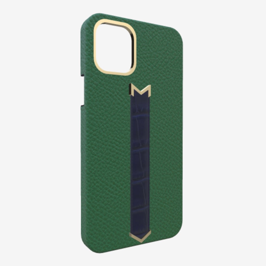 Gold Finger Strap Case for iPhone 13 in Genuine Calfskin and Alligator Emerald Green Navy Blue 