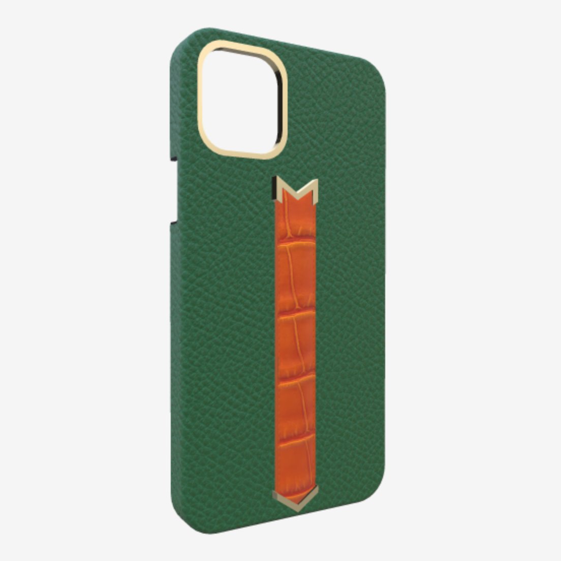 Gold Finger Strap Case for iPhone 13 in Genuine Calfskin and Alligator Emerald Green Orange Cocktail 