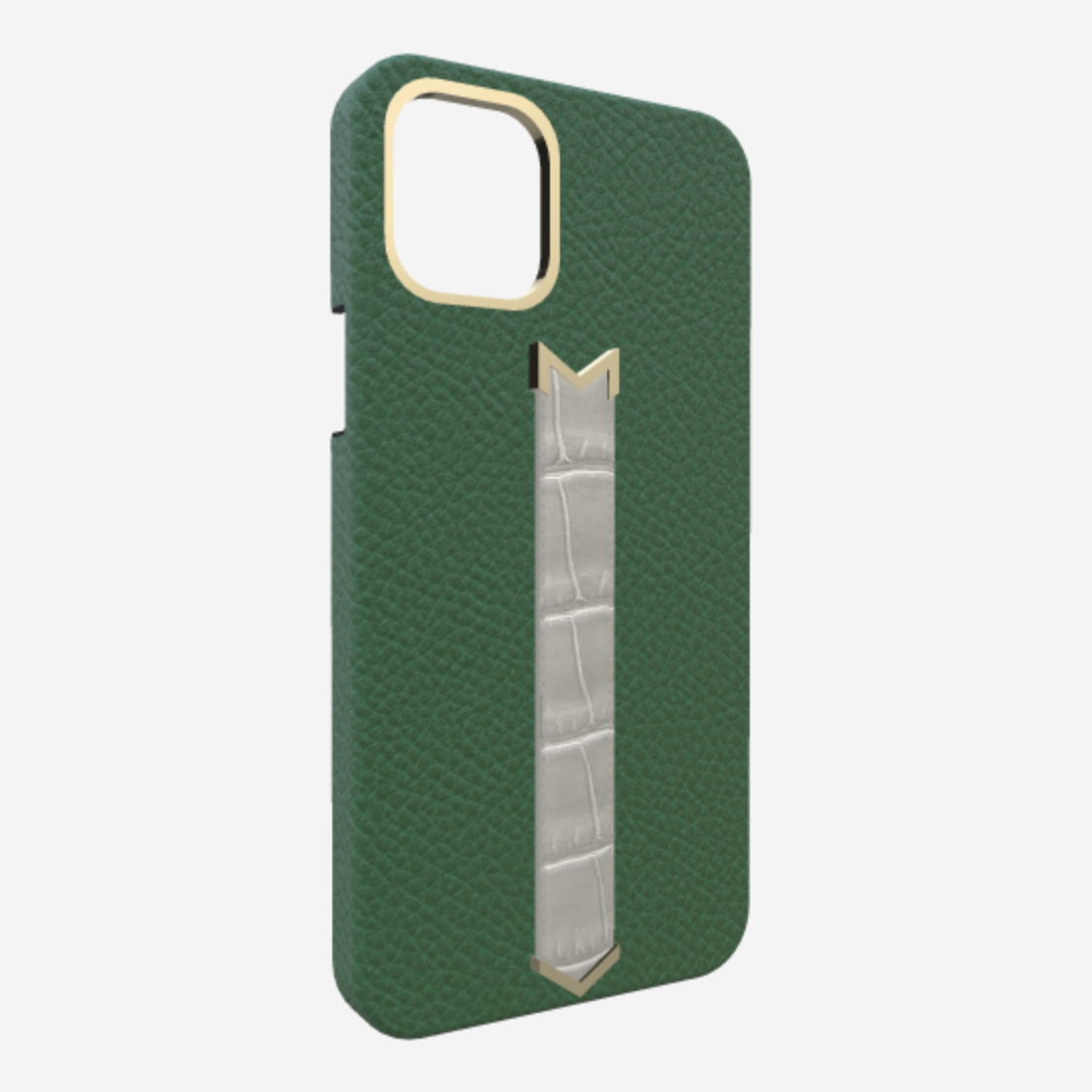 Gold Finger Strap Case for iPhone 13 in Genuine Calfskin and Alligator Emerald Green Pearl Grey 