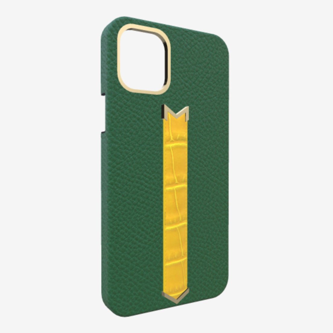 Gold Finger Strap Case for iPhone 13 in Genuine Calfskin and Alligator Emerald Green Summer Yellow 