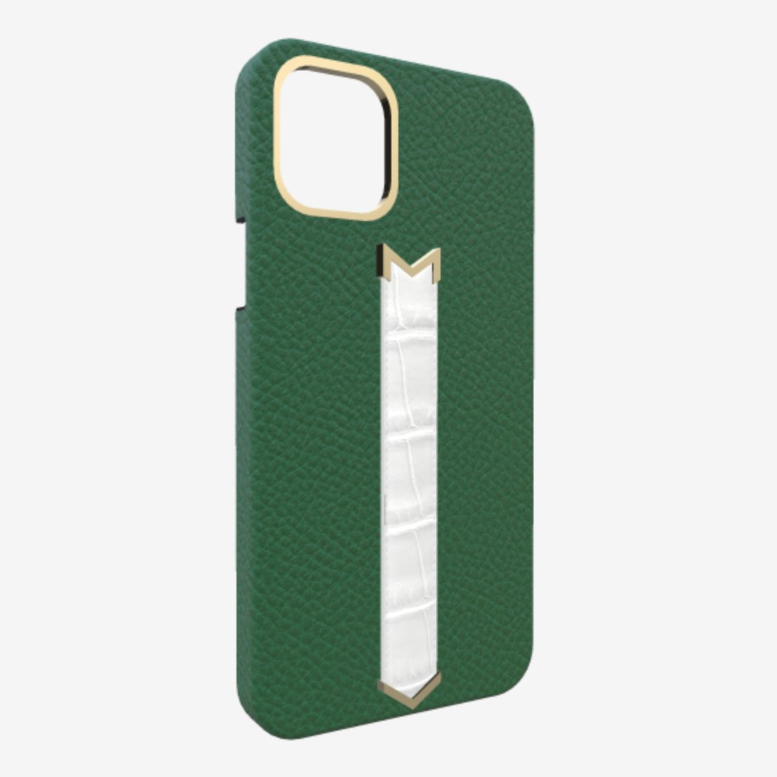 Gold Finger Strap Case for iPhone 13 in Genuine Calfskin and Alligator Emerald Green White Angel 