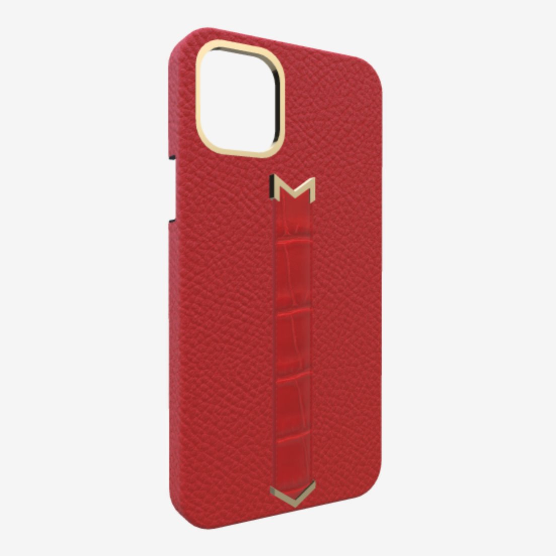 Gold Finger Strap Case for iPhone 13 in Genuine Calfskin and Alligator Glamour Red Glamour Red 