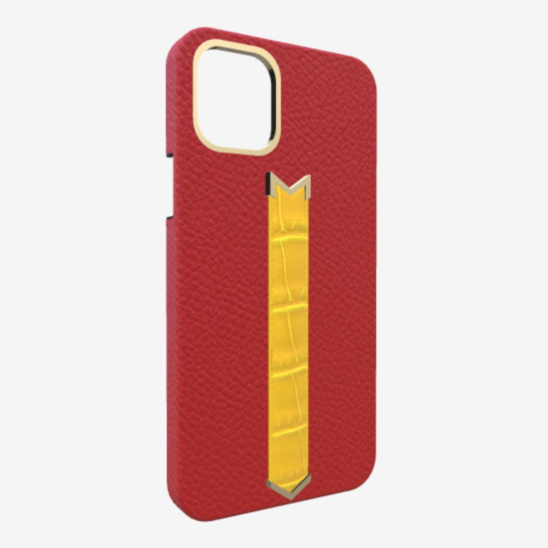 Gold Finger Strap Case for iPhone 13 in Genuine Calfskin and Alligator Glamour Red Summer Yellow 