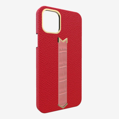 Gold Finger Strap Case for iPhone 13 in Genuine Calfskin and Alligator Glamour Red Sweet Rose 
