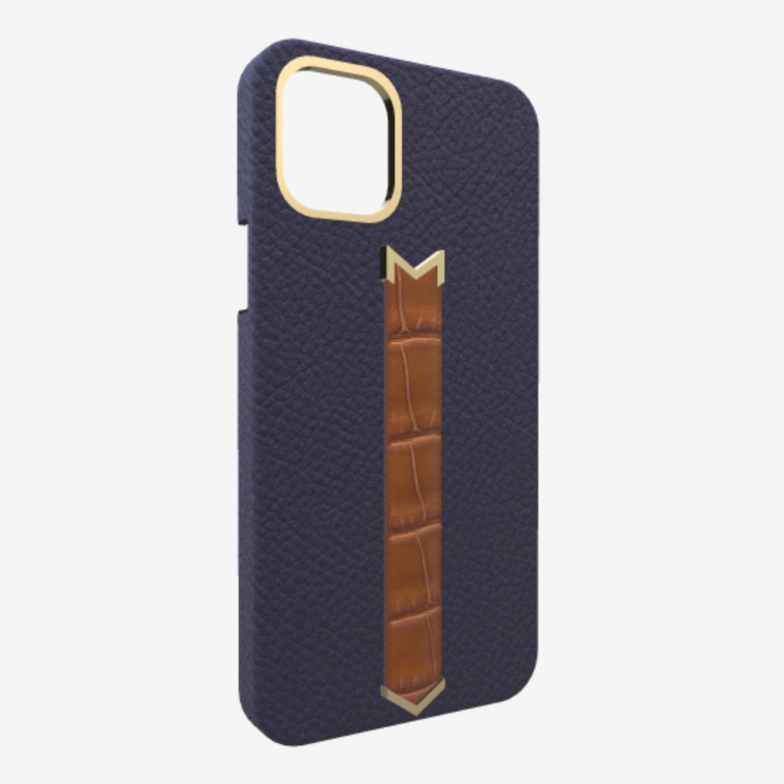 Gold Finger Strap Case for iPhone 13 in Genuine Calfskin and Alligator Navy Blue Belmondo Brown 