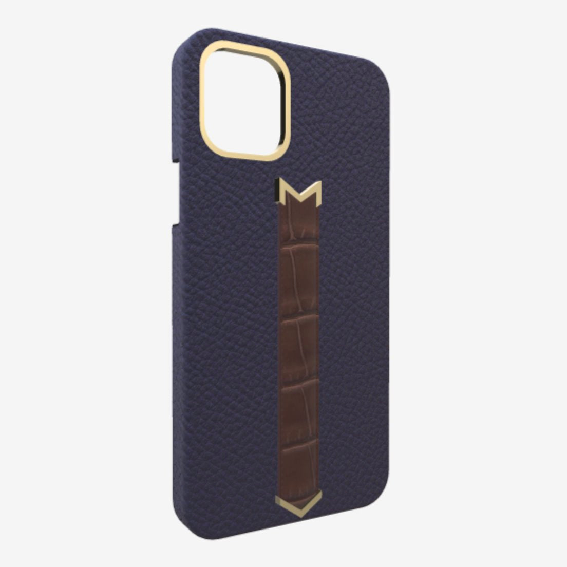 Gold Finger Strap Case for iPhone 13 in Genuine Calfskin and Alligator Navy Blue Borsalino Brown 
