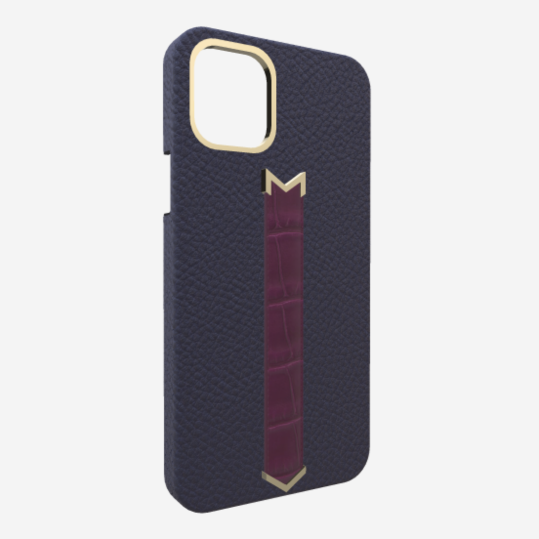 Gold Finger Strap Case for iPhone 13 in Genuine Calfskin and Alligator Navy Blue Boysenberry Island 