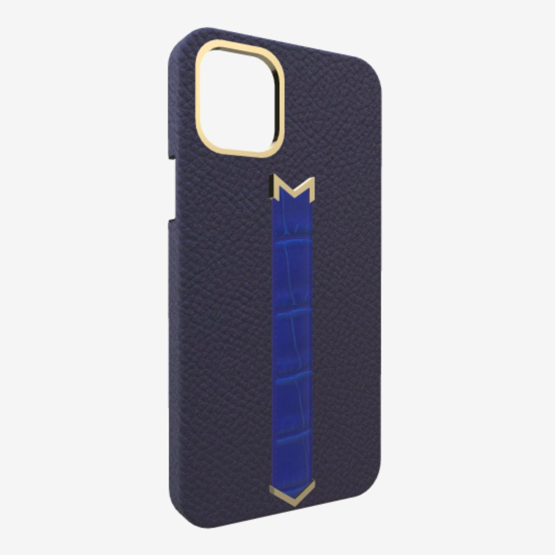 Gold Finger Strap Case for iPhone 13 in Genuine Calfskin and Alligator Navy Blue Electric Blue 