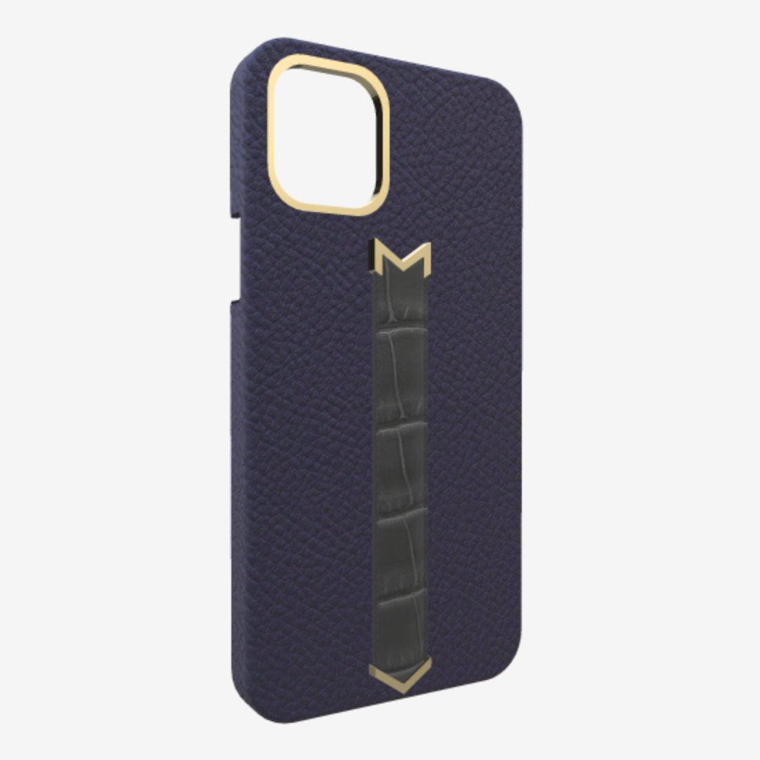 Gold Finger Strap Case for iPhone 13 in Genuine Calfskin and Alligator Navy Blue Elite Grey 