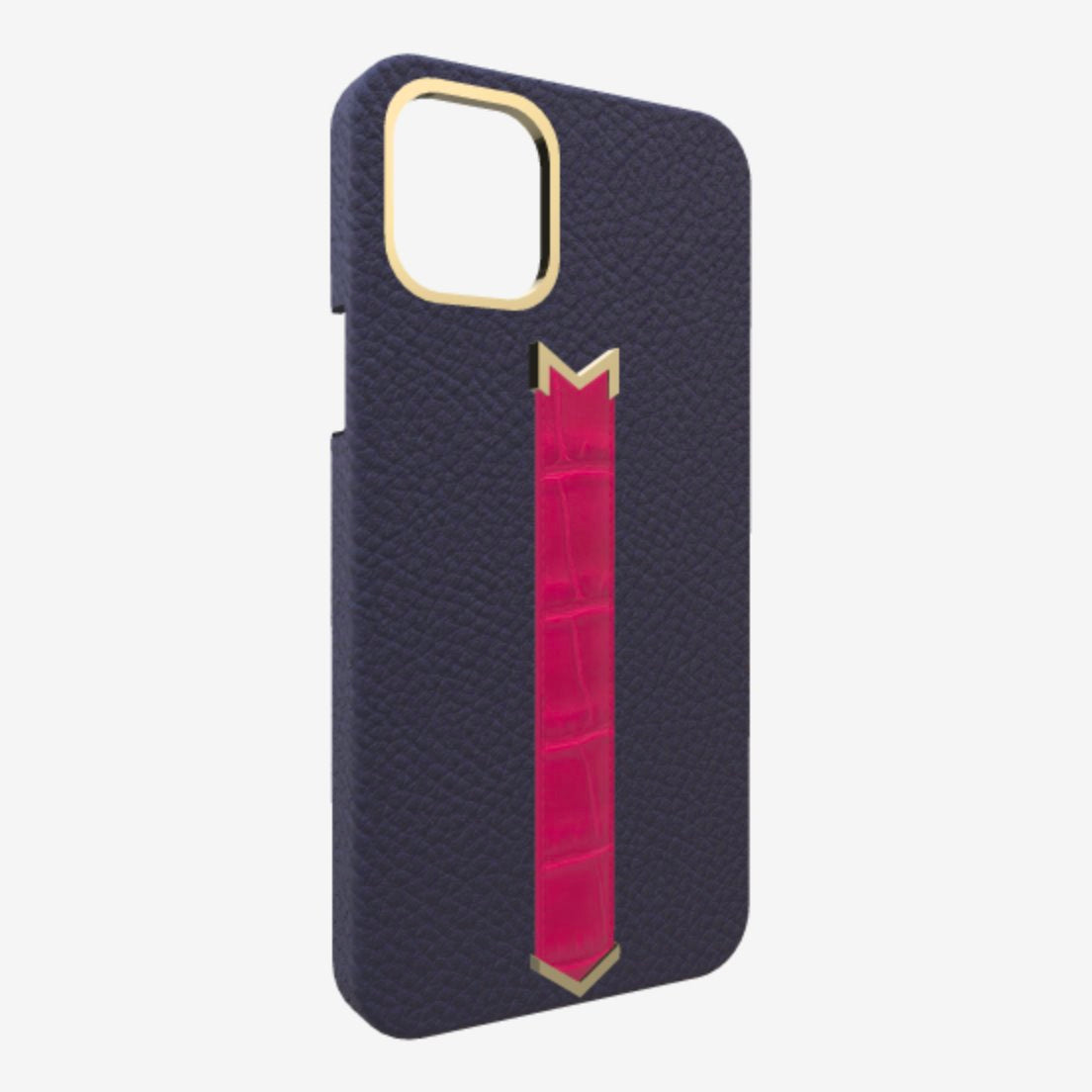 Gold Finger Strap Case for iPhone 13 in Genuine Calfskin and Alligator Navy Blue Fuchsia Party 