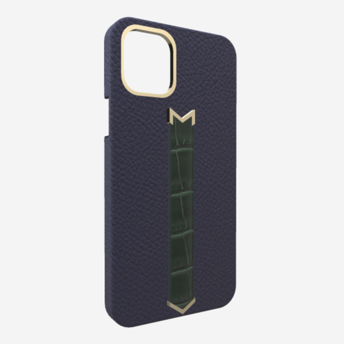 Gold Finger Strap Case for iPhone 13 in Genuine Calfskin and Alligator Navy Blue Jungle Green 