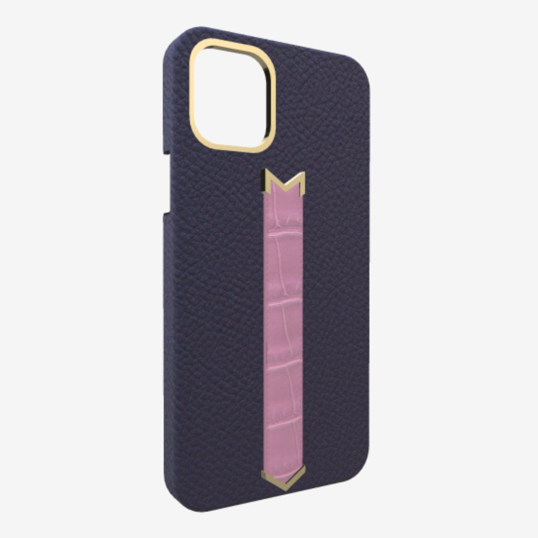 Gold Finger Strap Case for iPhone 13 in Genuine Calfskin and Alligator Navy Blue Lavender Laugh 