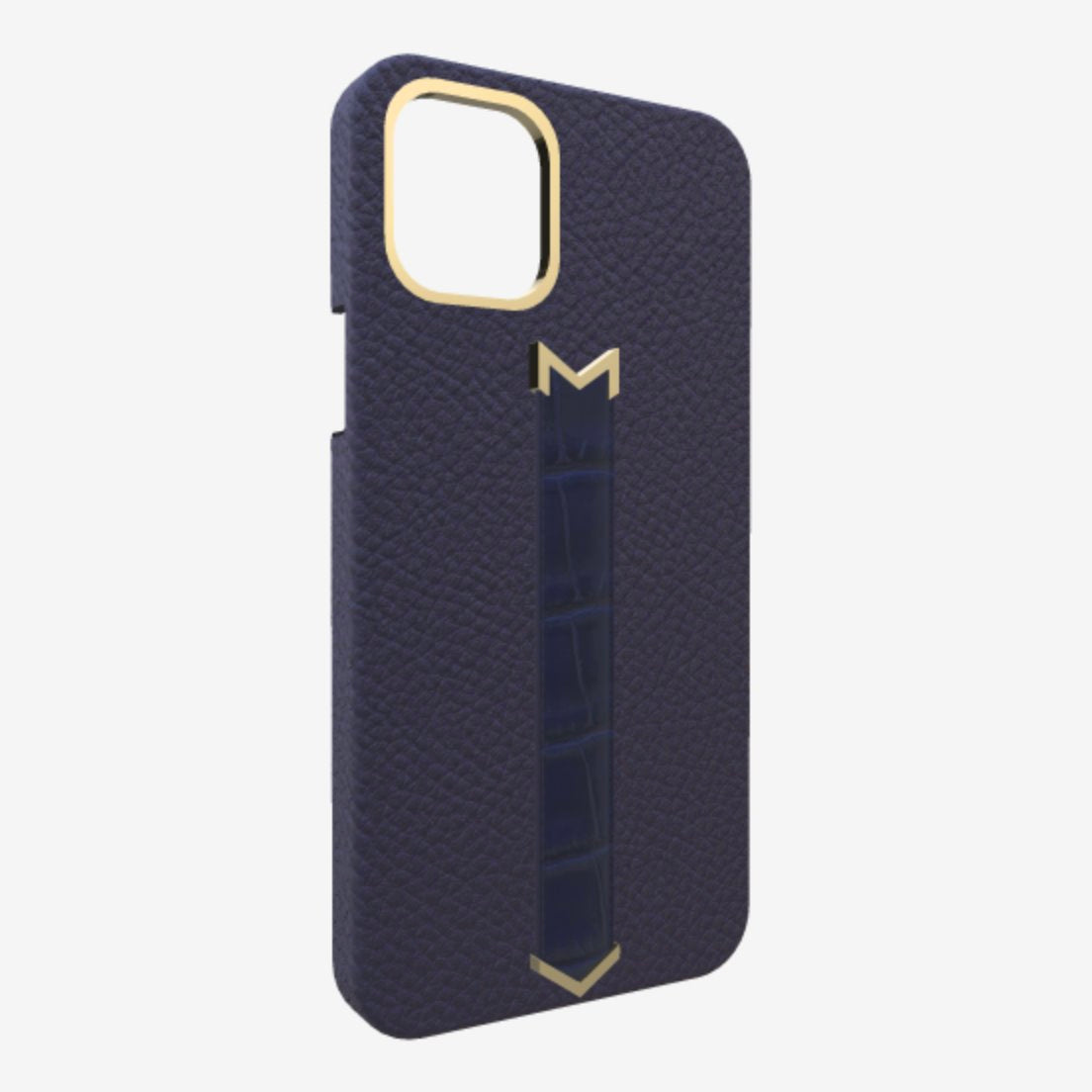 Gold Finger Strap Case for iPhone 13 in Genuine Calfskin and Alligator Navy Blue Navy Blue 