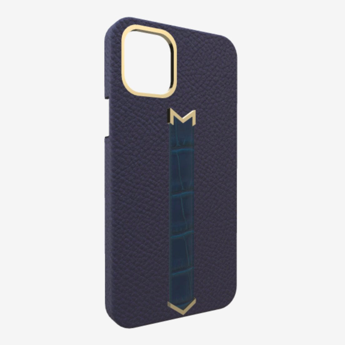 Gold Finger Strap Case for iPhone 13 in Genuine Calfskin and Alligator Navy Blue Night Blue 