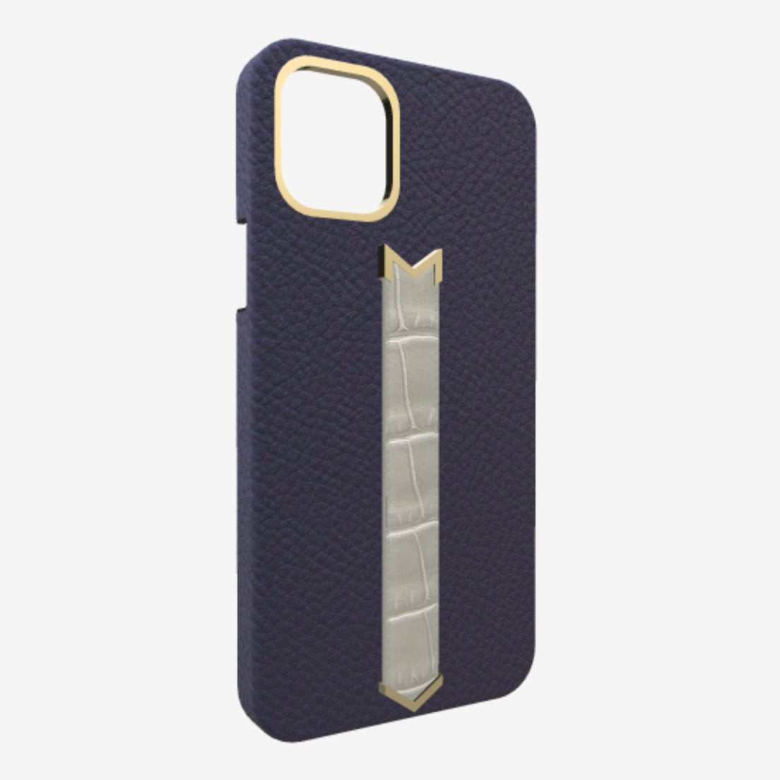 Gold Finger Strap Case for iPhone 13 in Genuine Calfskin and Alligator Navy Blue Pearl Grey 