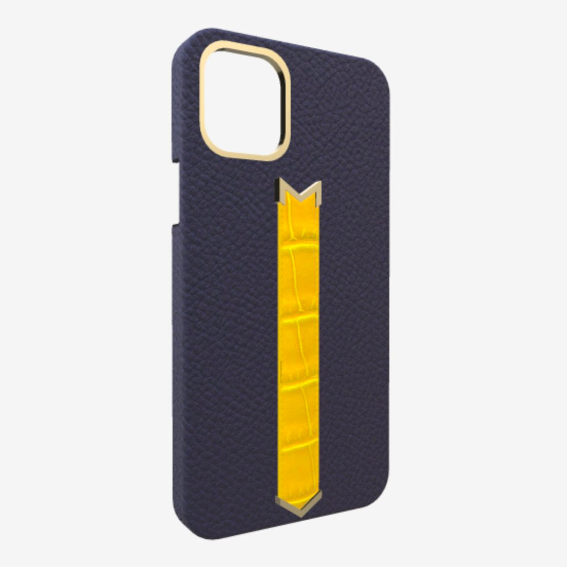 Gold Finger Strap Case for iPhone 13 in Genuine Calfskin and Alligator Navy Blue Summer Yellow 