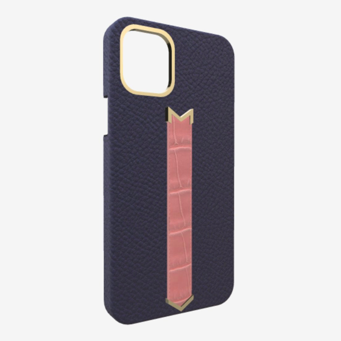 Gold Finger Strap Case for iPhone 13 in Genuine Calfskin and Alligator Navy Blue Sweet Rose 
