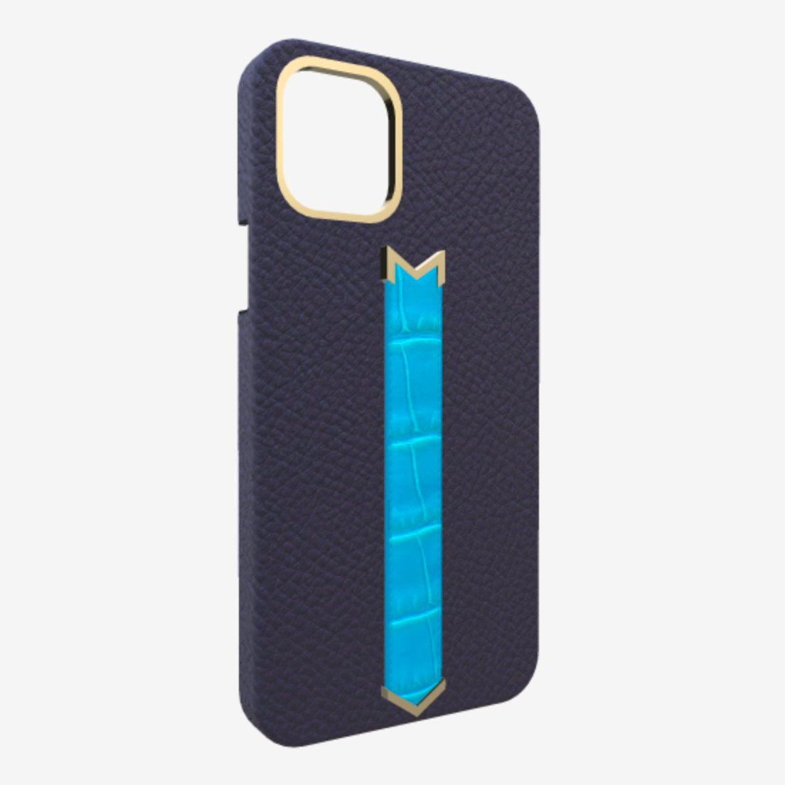 Gold Finger Strap Case for iPhone 13 in Genuine Calfskin and Alligator Navy Blue Tropical Blue 
