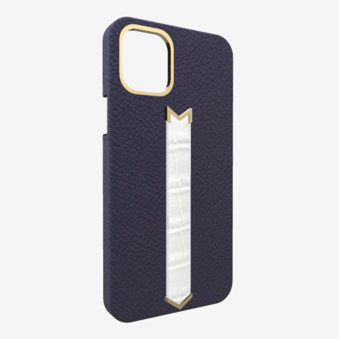 Gold Finger Strap Case for iPhone 13 in Genuine Calfskin and Alligator Navy Blue White Angel 