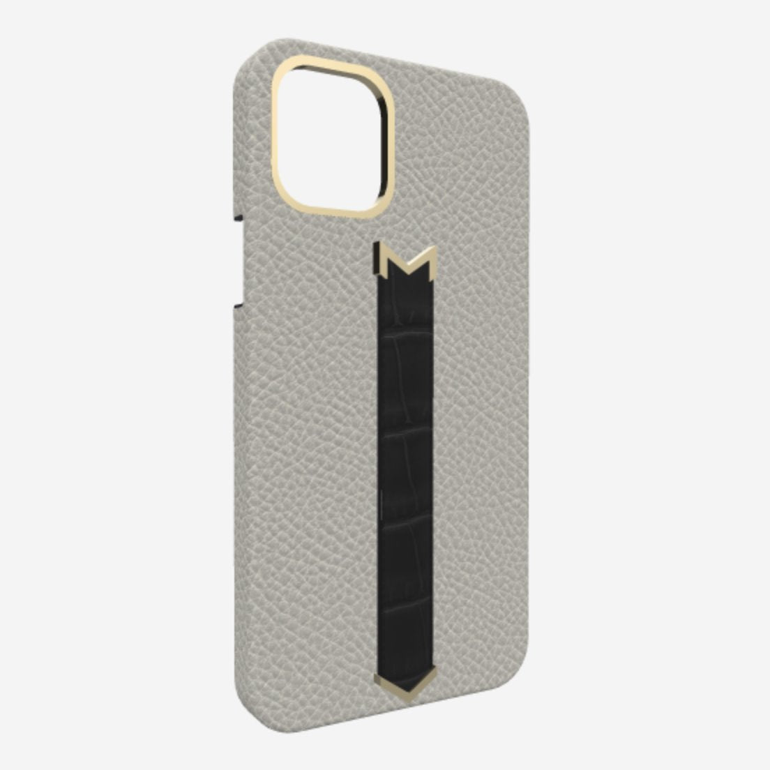Gold Finger Strap Case for iPhone 13 in Genuine Calfskin and Alligator Pearl Grey Bond Black 