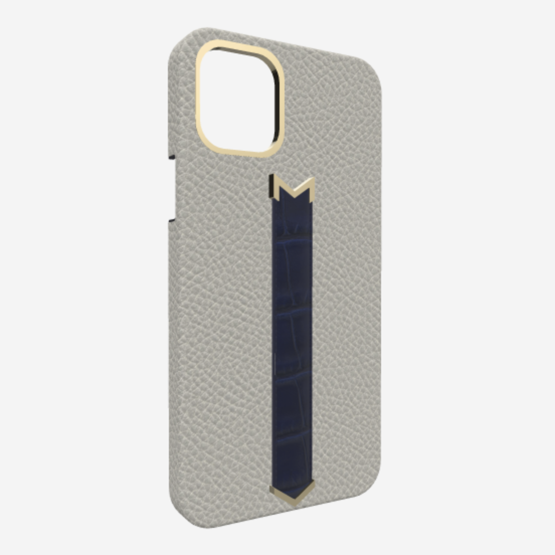 Gold Finger Strap Case for iPhone 13 in Genuine Calfskin and Alligator Pearl Grey Navy Blue 